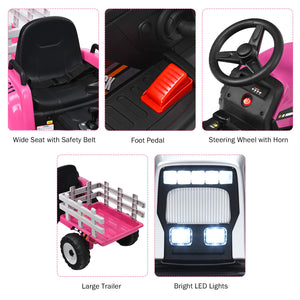 12V Childrens Ride on Tractor with Trailer Parent Remote Control Ride On Car Pink Ride-On Toy for Little Girls