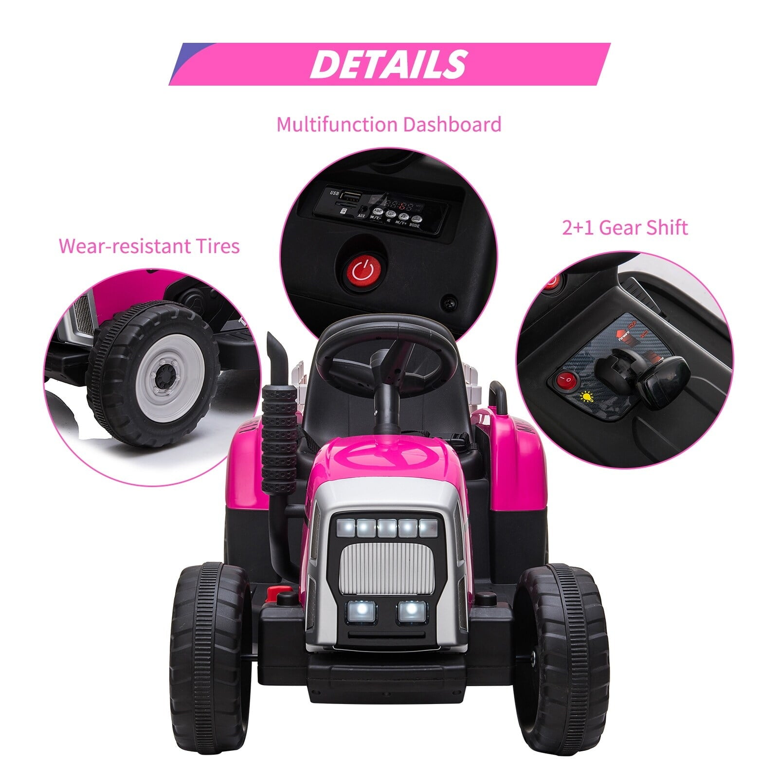 12V Childrens Ride on Tractor with Trailer Parent Remote Control Ride On Car Pink Ride-On Toy for Little Girls