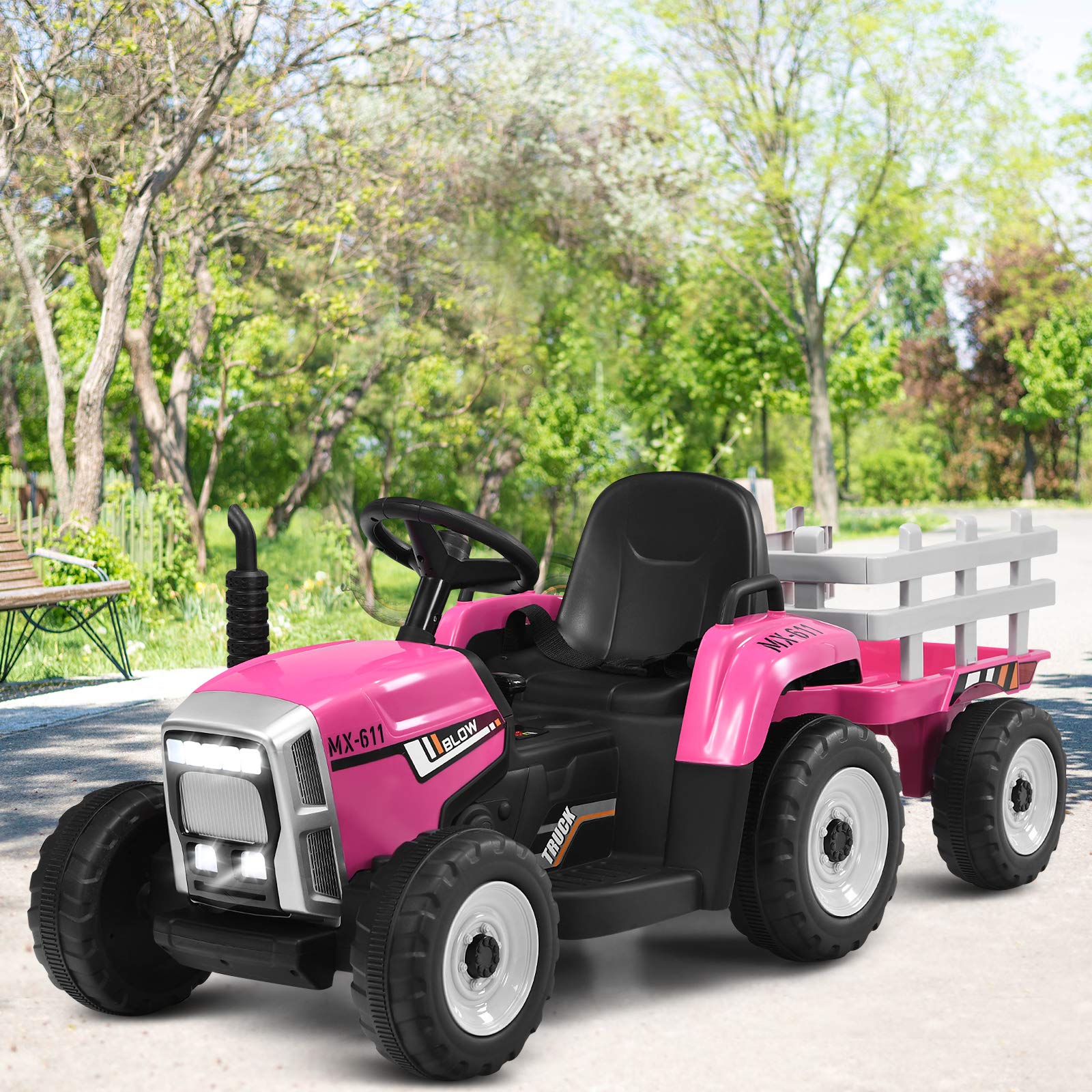 12V Childrens Ride on Tractor with Trailer Parent Remote Control Ride On Car Pink Ride-On Toy for Little Girls