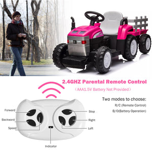 12V Childrens Ride on Tractor with Trailer Parent Remote Control Ride On Car Pink Ride-On Toy for Little Girls