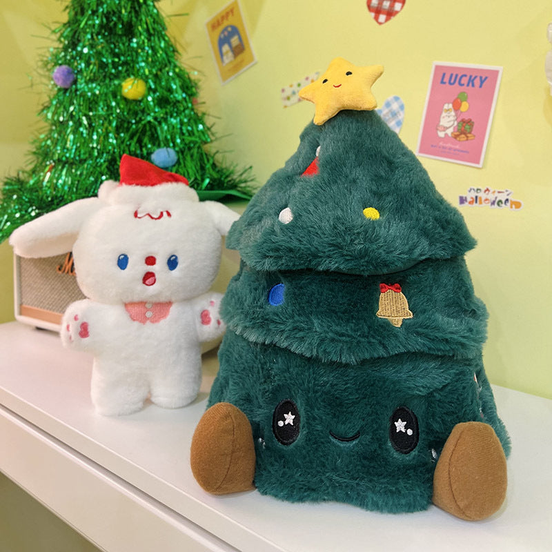 Plush Christmas Tree Doll with Movable Dog Doll Stuffed Animal Hide-and-Seek Interactive Toy Holiday Gift