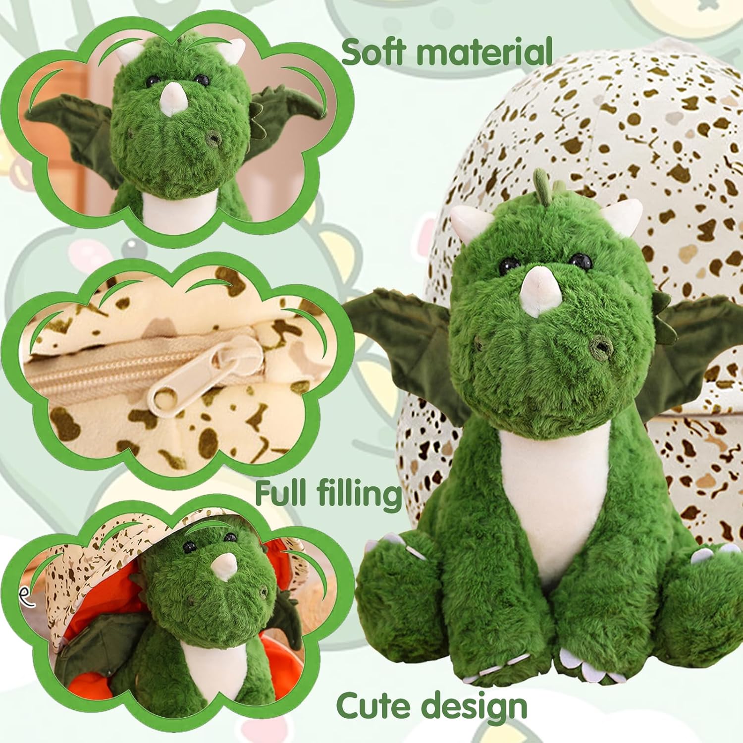 Plush Little Flying Dragon with Egg Cute Dino Stuffed Animal Toy Holiday Birthday Gift