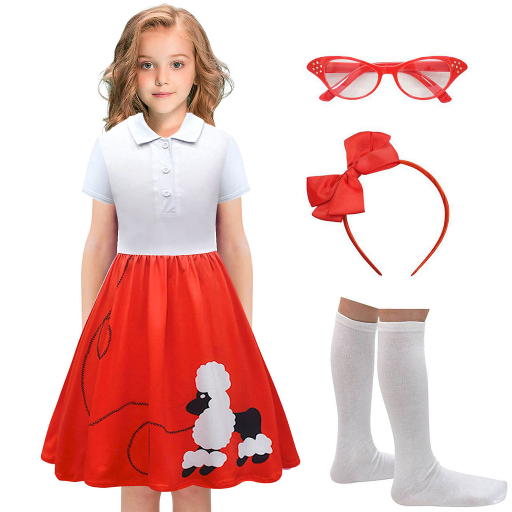 Poodle Skirts 1950s Girls Sock Hop Outfit with Accessories High Waist Poodle Dress 4pcs Sets 50s Costumes