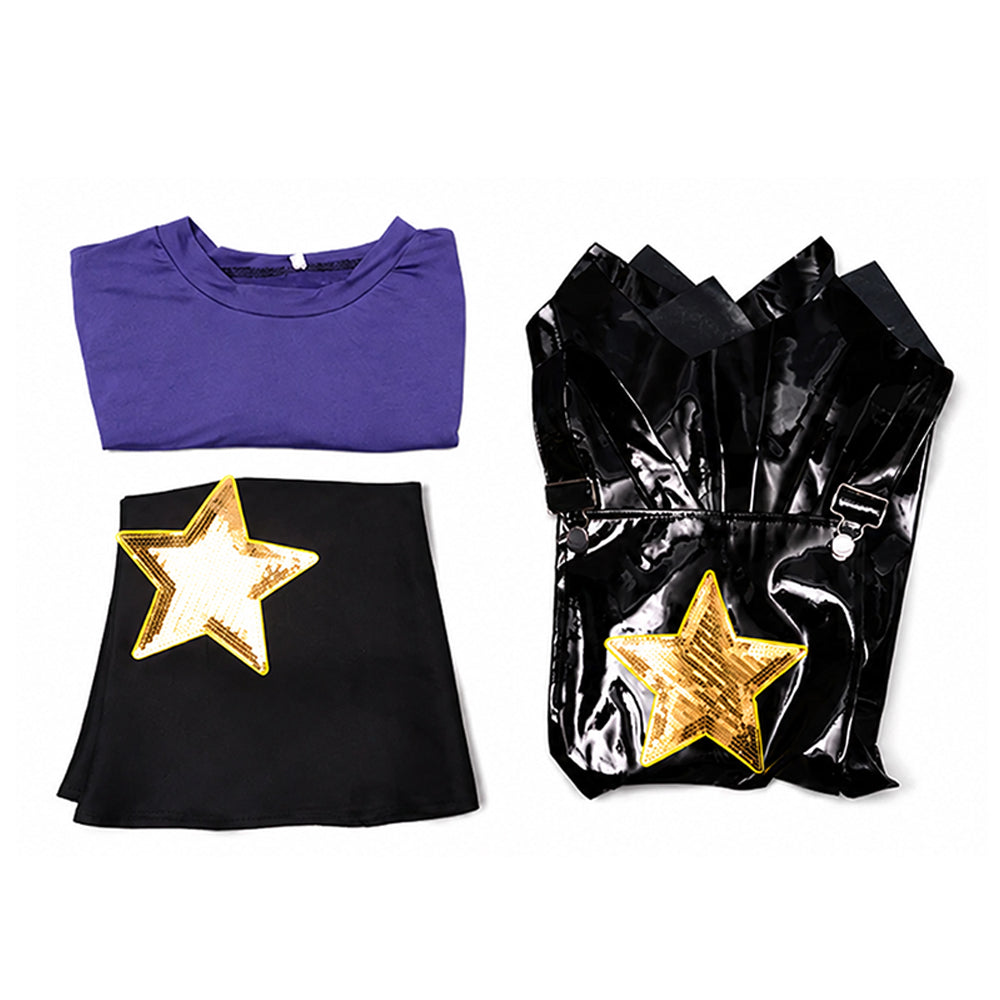 Women Purple Heart Braids Doll Costume PU Leather Dress with T-shirt and Matching Leg Sleeves for Theme Dress Up