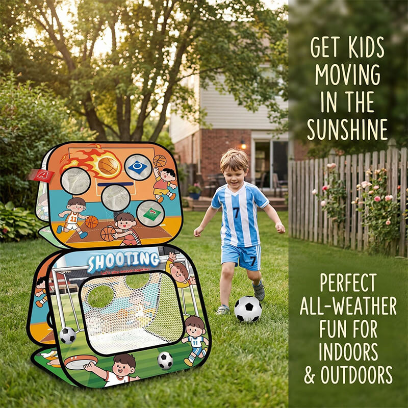 Portable 4-in-1 Soccer Goals Set Foldable Throwing Game Board for Kids 3+ Indoor & Outdoor Toy