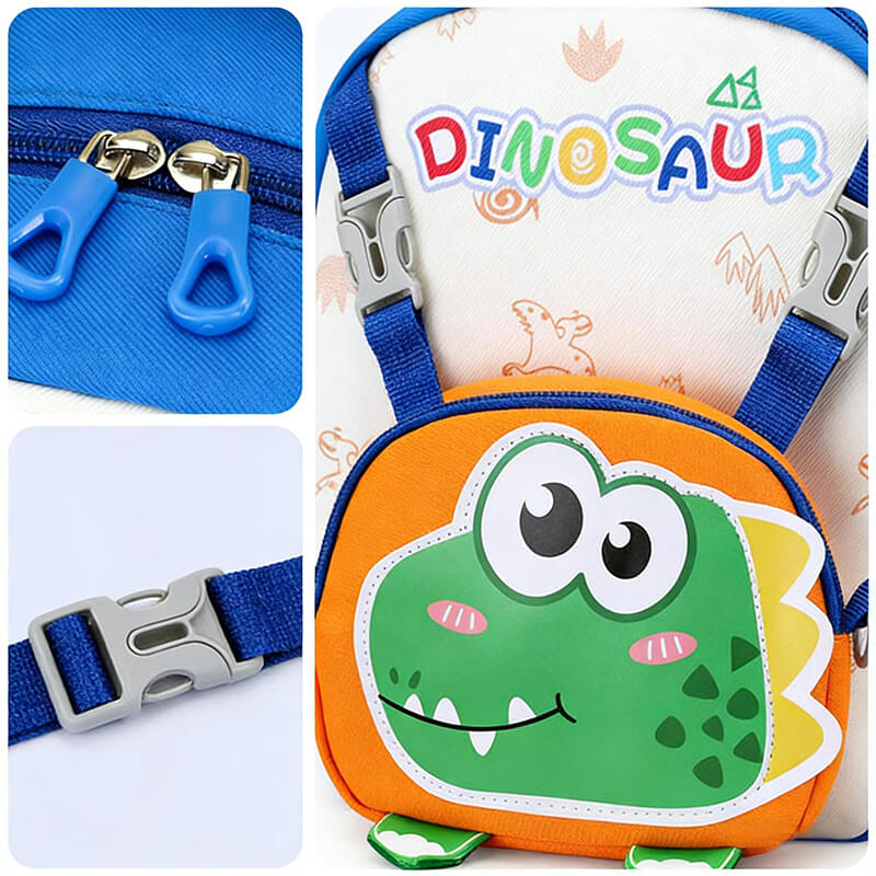 Preschool Backpack Cartoon Dino Schoolbag with Reflective Strip and Detachable Front Pouch
