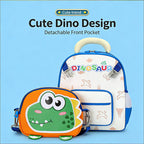 Preschool Backpack Cartoon Dino Schoolbag with Reflective Strip and Detachable Front Pouch