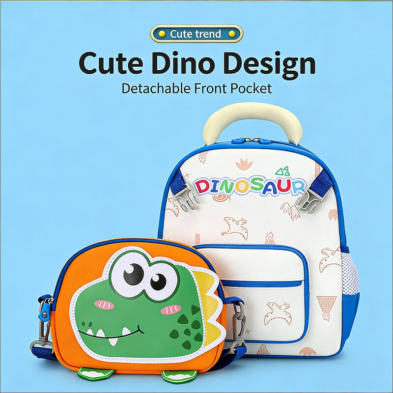 Preschool Backpack Cartoon Dino Schoolbag with Reflective Strip and Detachable Front Pouch