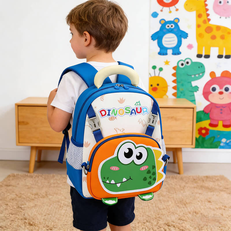 Preschool Backpack Cartoon Dino Schoolbag with Reflective Strip and Detachable Front Pouch