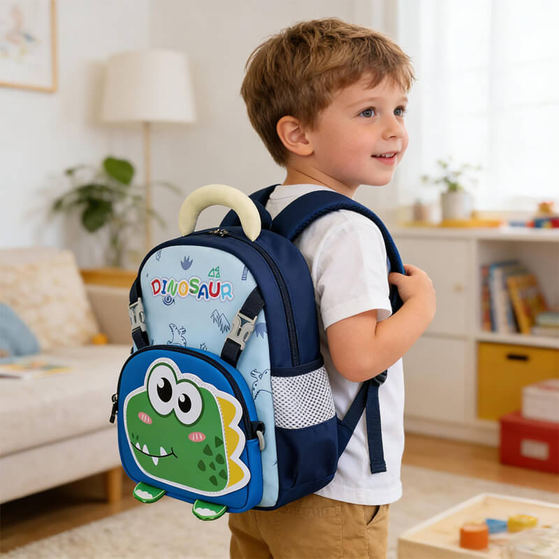 Preschool Backpack Cartoon Dino Schoolbag with Reflective Strip and Detachable Front Pouch