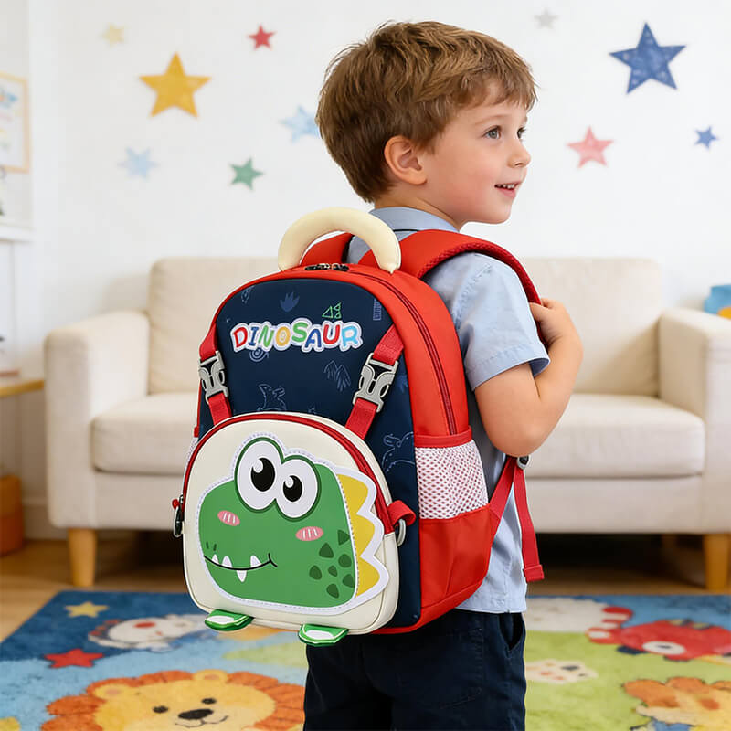 Preschool Backpack Cartoon Dino Schoolbag with Reflective Strip and Detachable Front Pouch