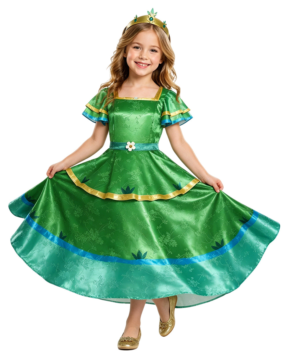 Girls Princess Camila Costume Green Double-layered Ruffled Sleeves Elegant Gown with Accessorie for Cosplays