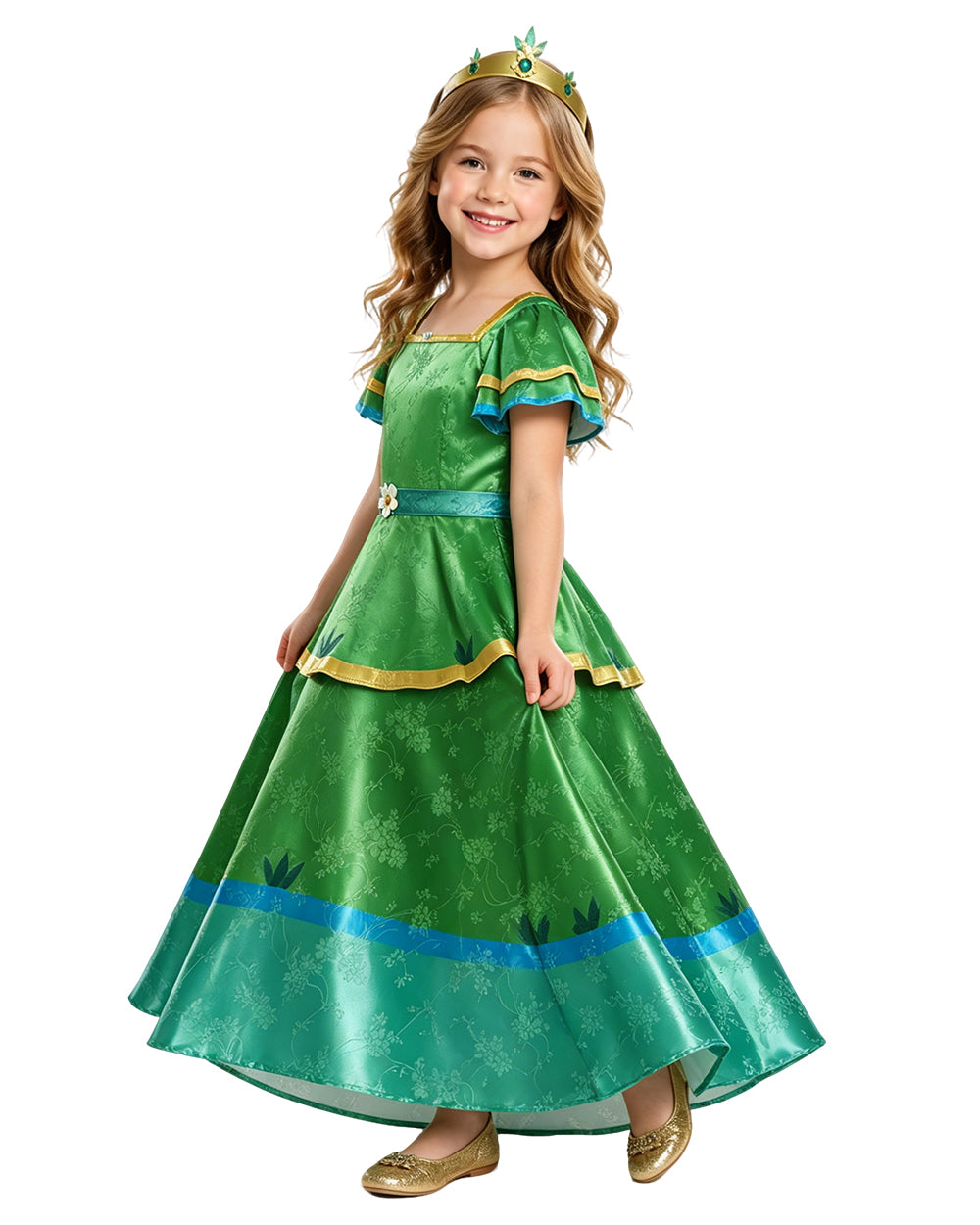 Girls Princess Camila Costume Green Double-layered Ruffled Sleeves Elegant Gown with Accessorie for Cosplays