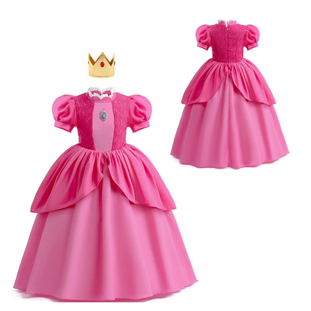 Princess Peach Dress Girls Ball Gown Party Costume With Crown Puff Sleeve Fancy Dresses