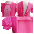 Pink Princess Ball Gown with Layered Tulle Puff Sleeves and Crown for Birthday Party Events