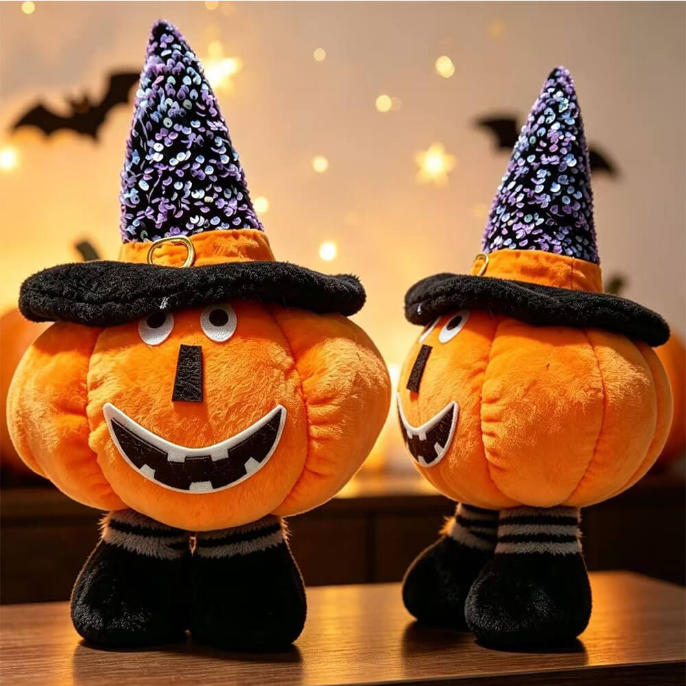 Pumpkin Plush Doll Stretchable Leg Halloween Stuffed Animal with Witch Hat for Home Ornament