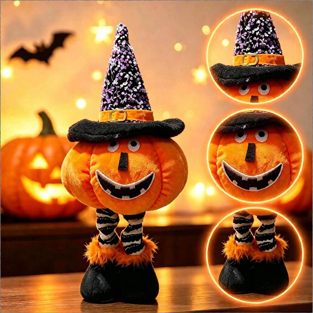 Pumpkin Plush Doll Stretchable Leg Halloween Stuffed Animal with Witch Hat for Home Ornament
