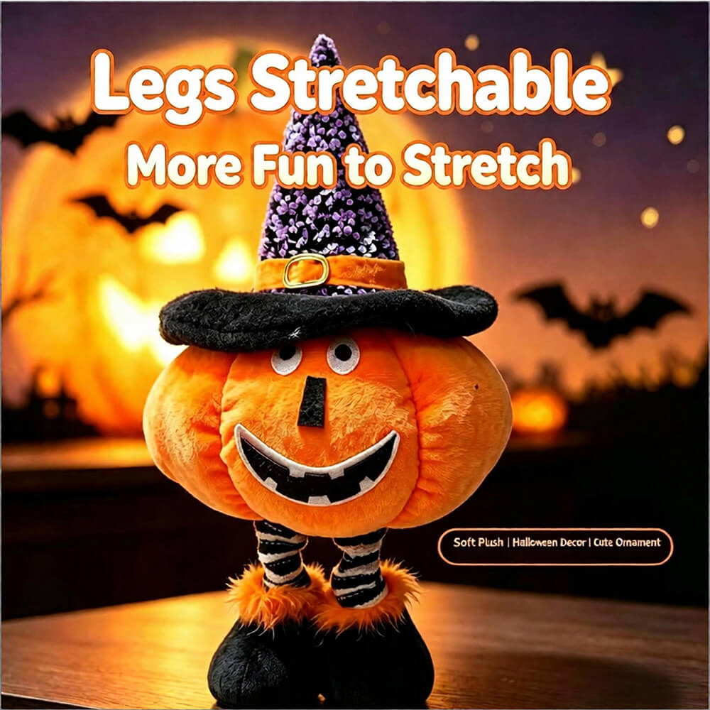 Pumpkin Plush Doll Stretchable Leg Halloween Stuffed Animal with Witch Hat for Home Ornament