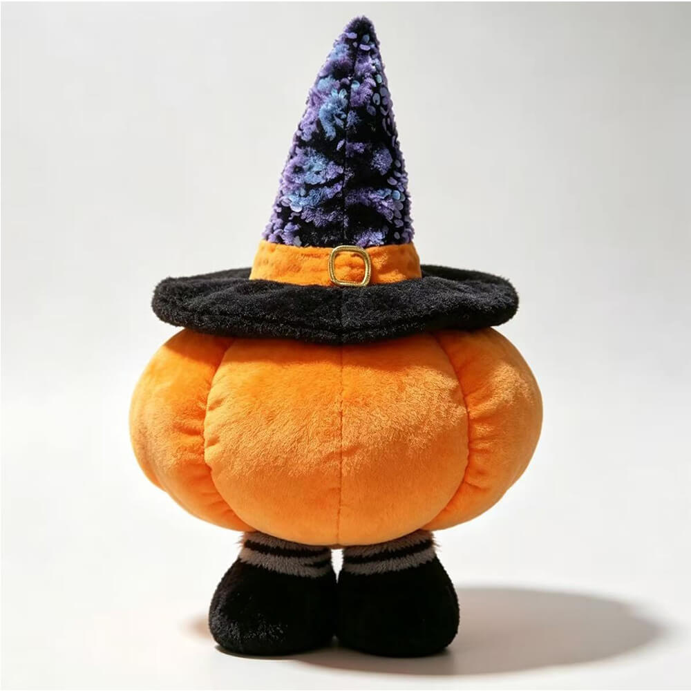 Pumpkin Plush Doll Stretchable Leg Halloween Stuffed Animal with Witch Hat for Home Ornament