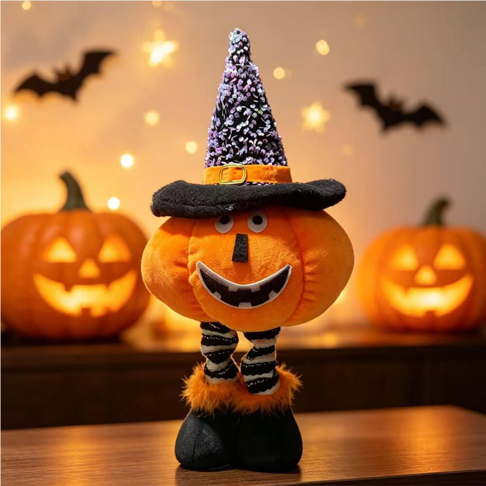 Pumpkin Plush Doll Stretchable Leg Halloween Stuffed Animal with Witch Hat for Home Ornament