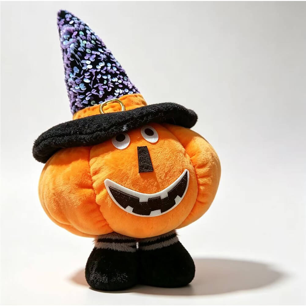Pumpkin Plush Doll Stretchable Leg Halloween Stuffed Animal with Witch Hat for Home Ornament