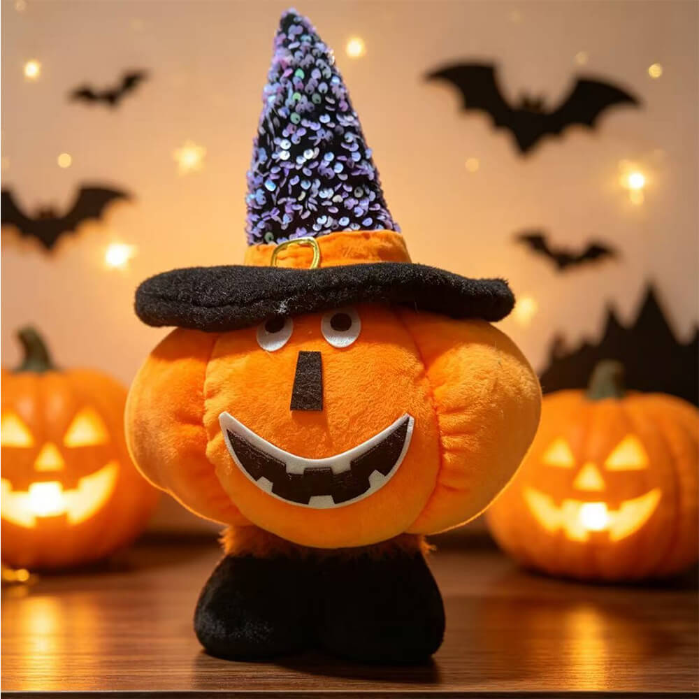 Pumpkin Plush Doll Stretchable Leg Halloween Stuffed Animal with Witch Hat for Home Ornament