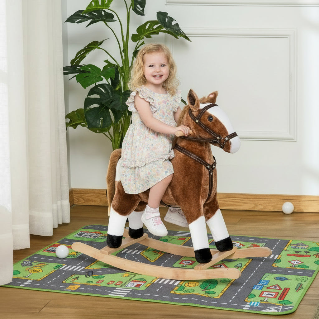 Kids Rocking Horse Pink Plush Ride On Toy with Realistic Sounds Holiday Gift