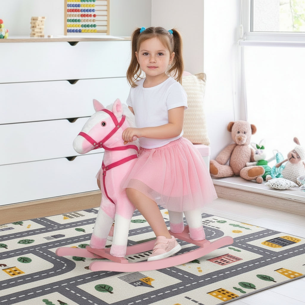 Kids Rocking Horse Pink Plush Ride On Toy with Realistic Sounds Holiday Gift