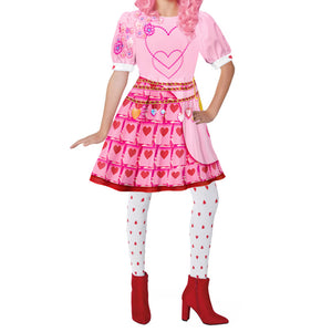 Women Kids Teens Queen of Hearts Costume Pink Princess Bridget Outfit Wig and Stocking