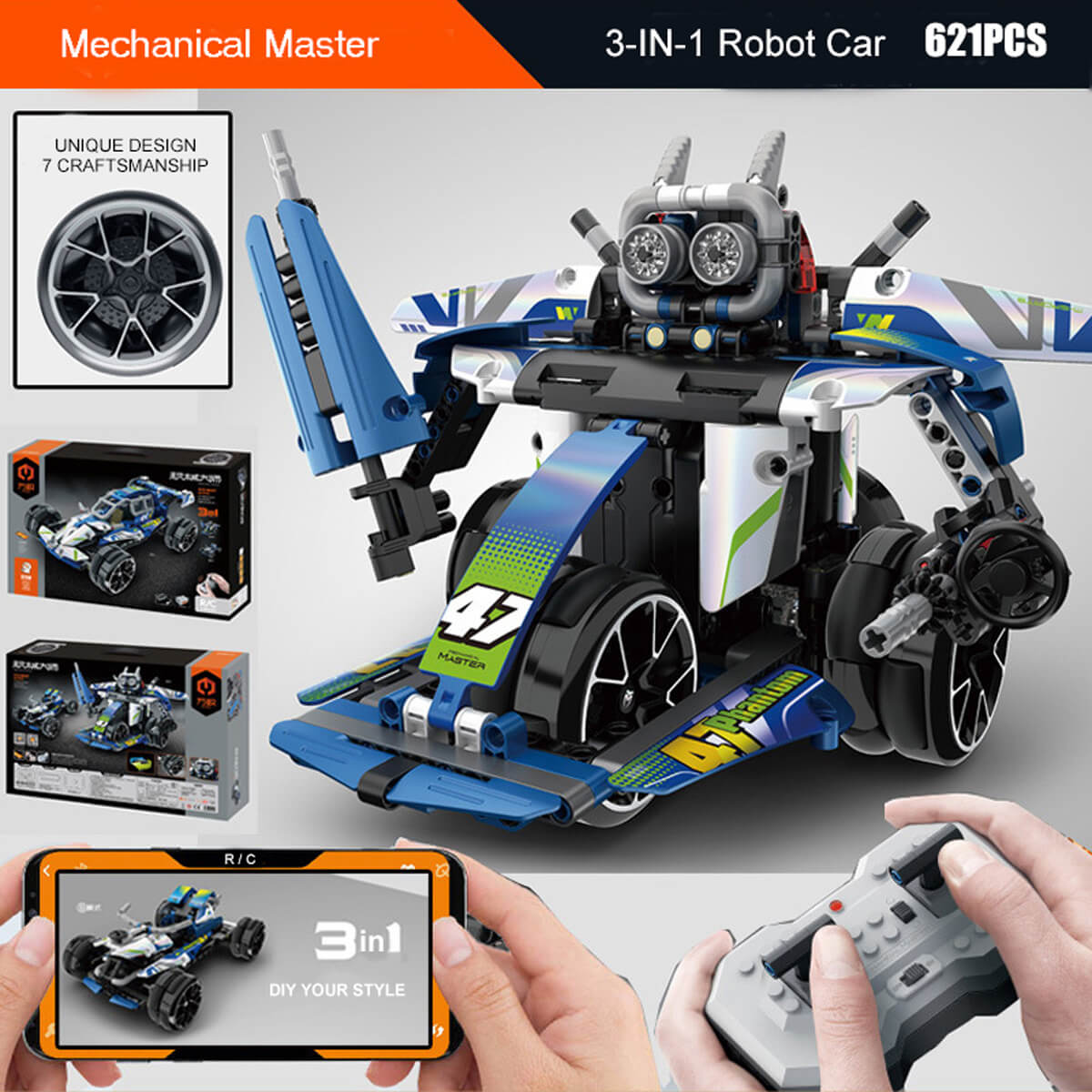 3 in 1 STEM RC Robot Car Building Blocks DIY Kit 4WD Remote Control AP ...