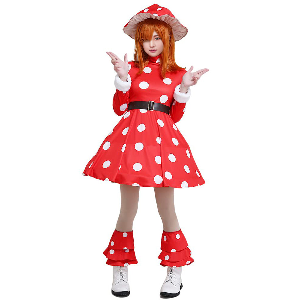 Adult Kinoko Dress Shemage Cosplay Costume with Mushroom Hat and Leg Warmers