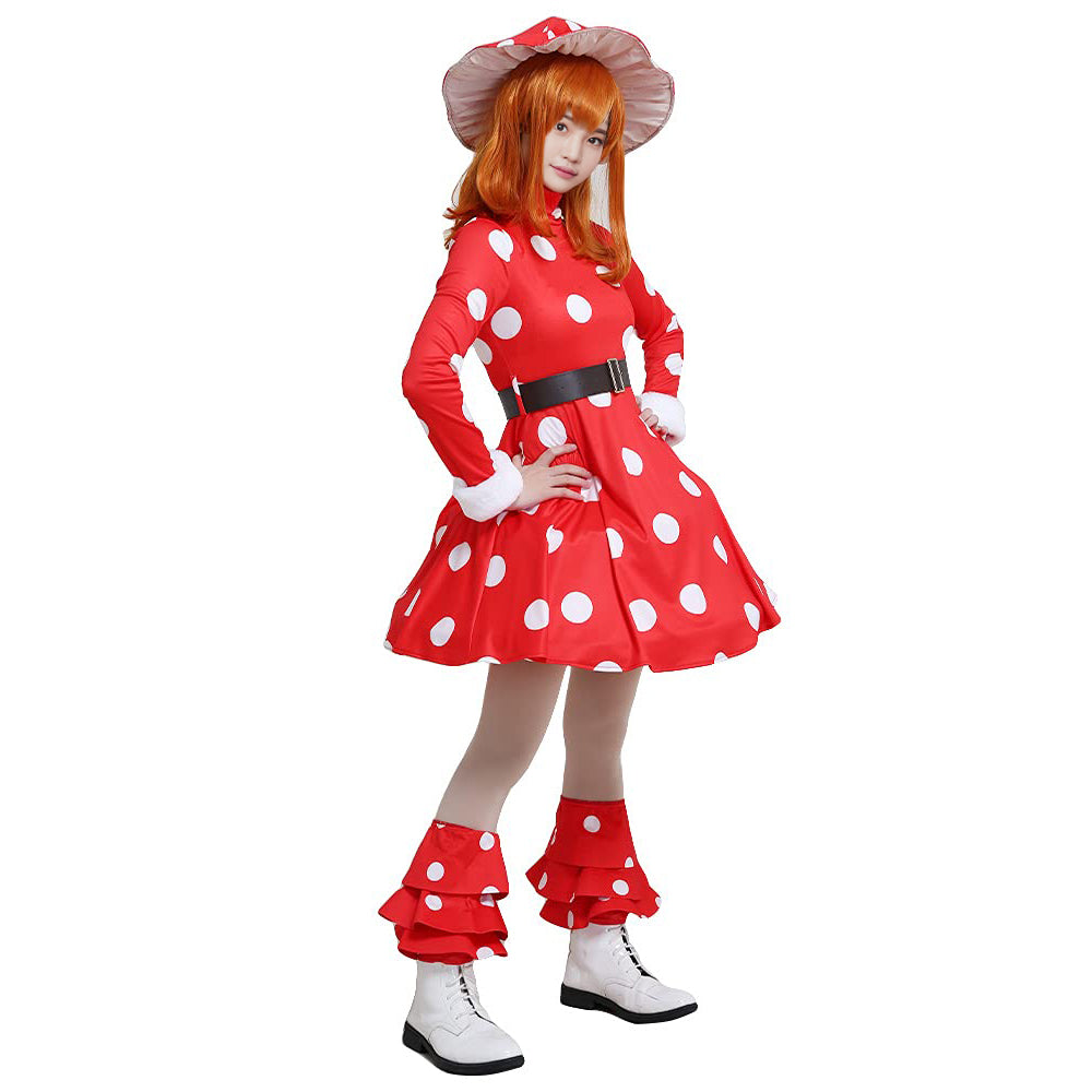 Adult Kinoko Dress Shemage Cosplay Costume with Mushroom Hat and Leg Warmers