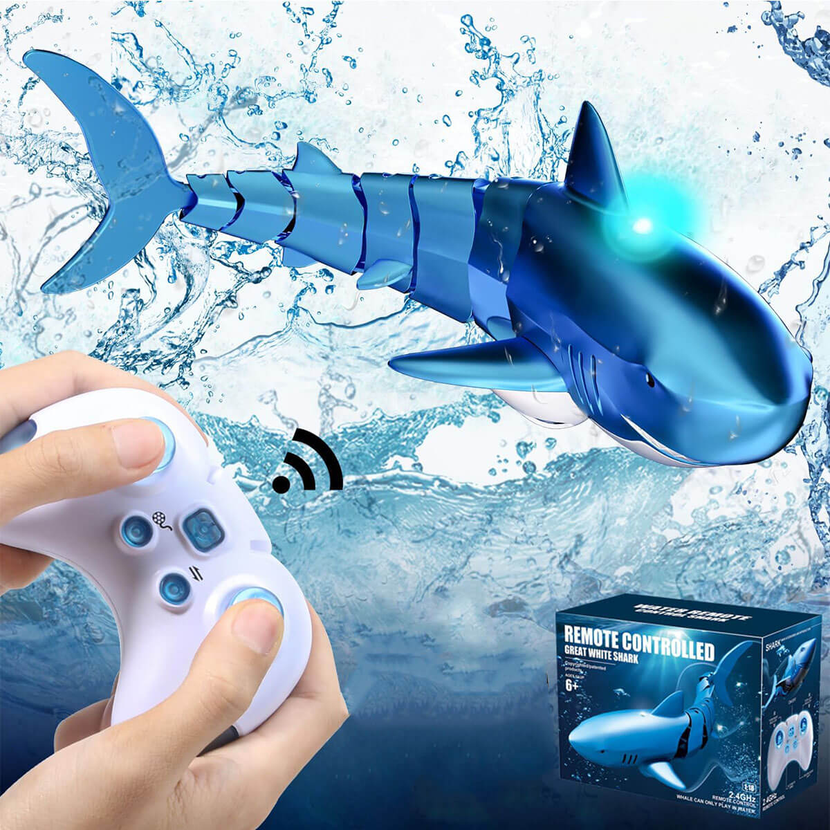 2.4Ghz Remote Control Shark 360° Rotation Electric RC Shark Toys with Light & Spray Water for Kids