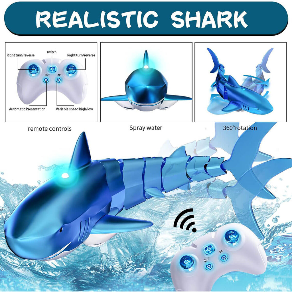 2.4Ghz Remote Control Shark 360° Rotation Electric RC Shark Toys with Light & Spray Water for Kids