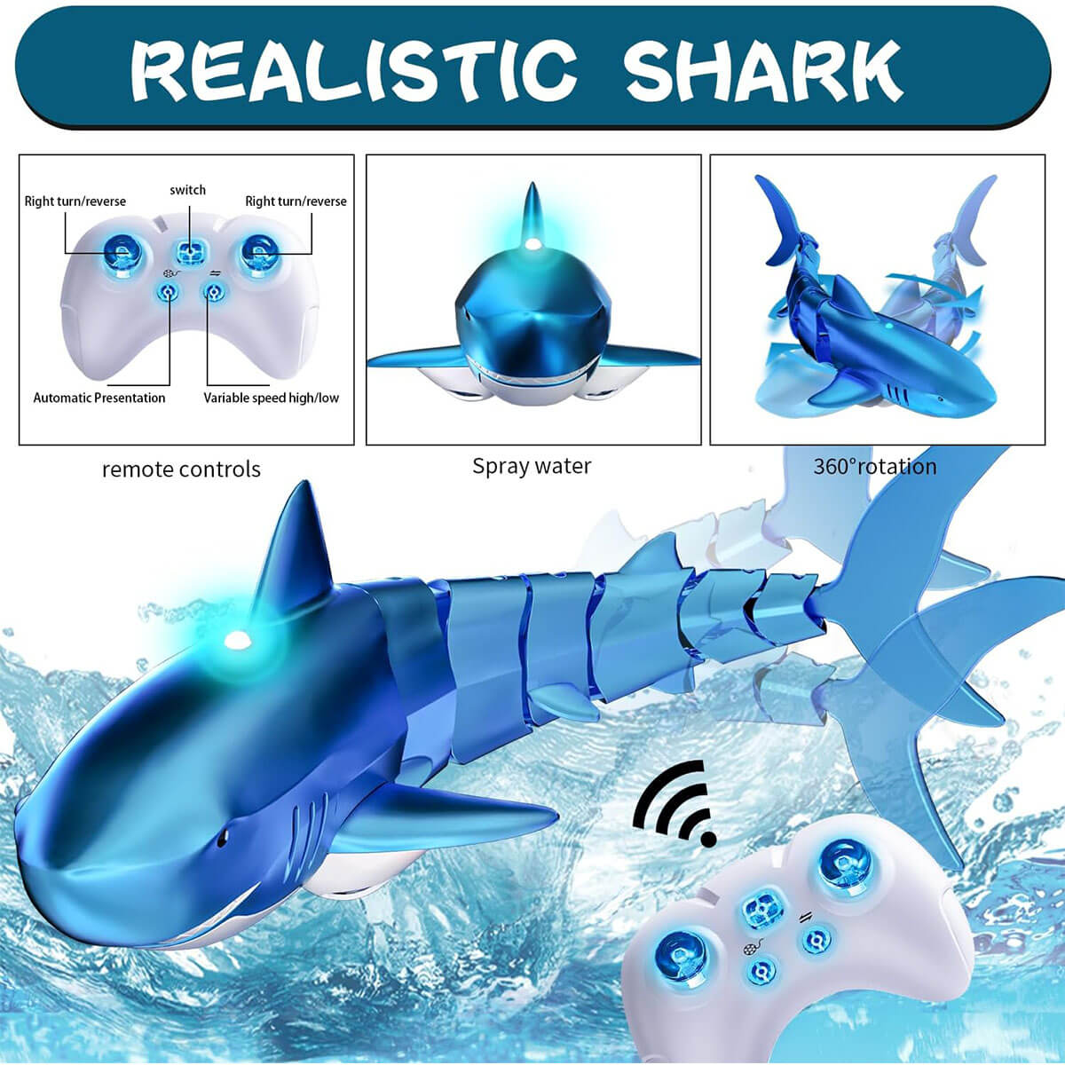 2.4Ghz Remote Control Shark 360° Rotation Electric RC Shark Toys with Light & Spray Water for Kids