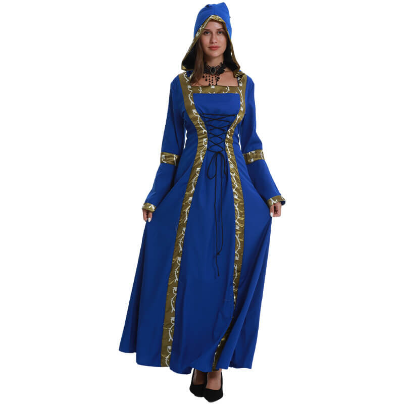 Women Medieval Dress Hooded Front Lace Up Renaissance Faire Dress Lady Ball Gown Outfit