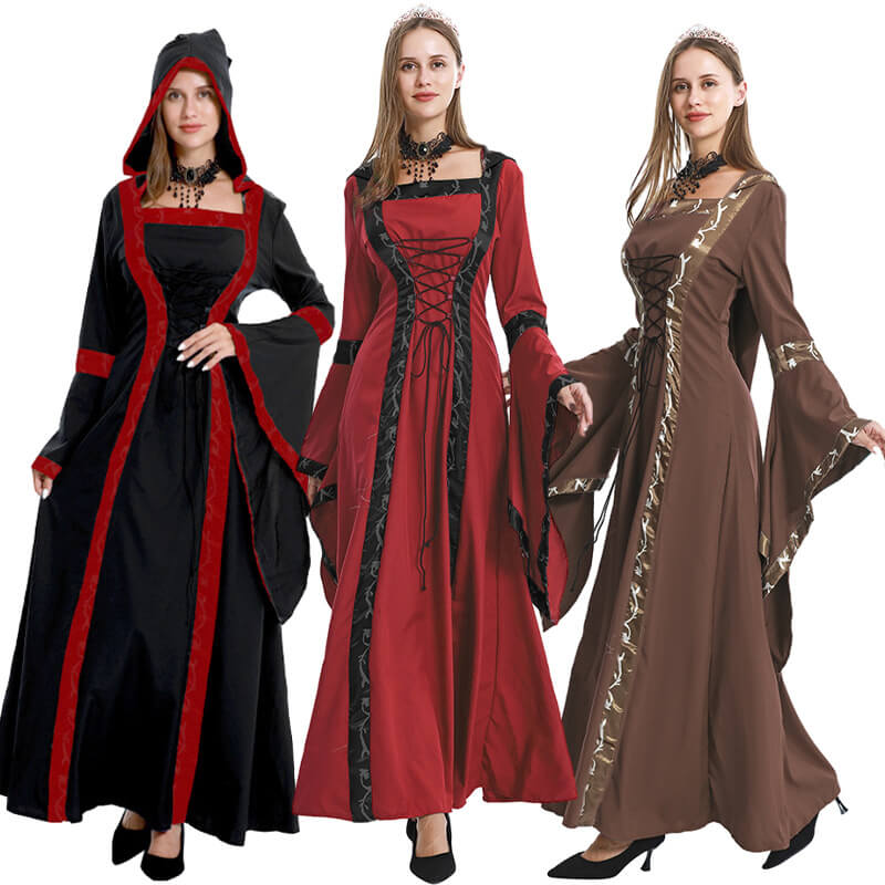 Women Medieval Dress Hooded Front Lace Up Renaissance Faire Dress Lady Ball Gown Outfit