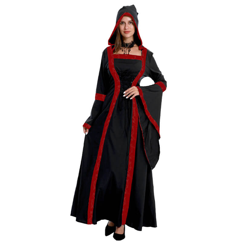 Women Medieval Dress Hooded Front Lace Up Renaissance Faire Dress Lady Ball Gown Outfit