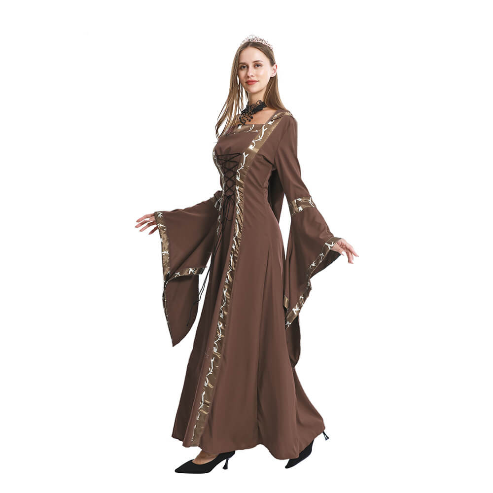 Women Medieval Dress Hooded Front Lace Up Renaissance Faire Dress Lady Ball Gown Outfit