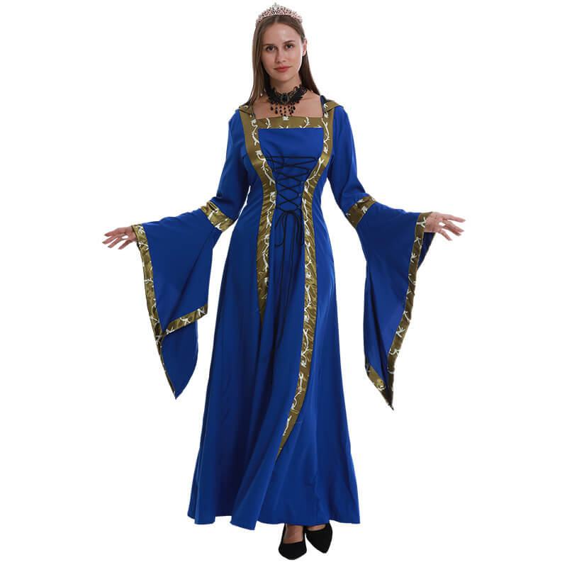 Women Medieval Dress Hooded Front Lace Up Renaissance Faire Dress Lady Ball Gown Outfit