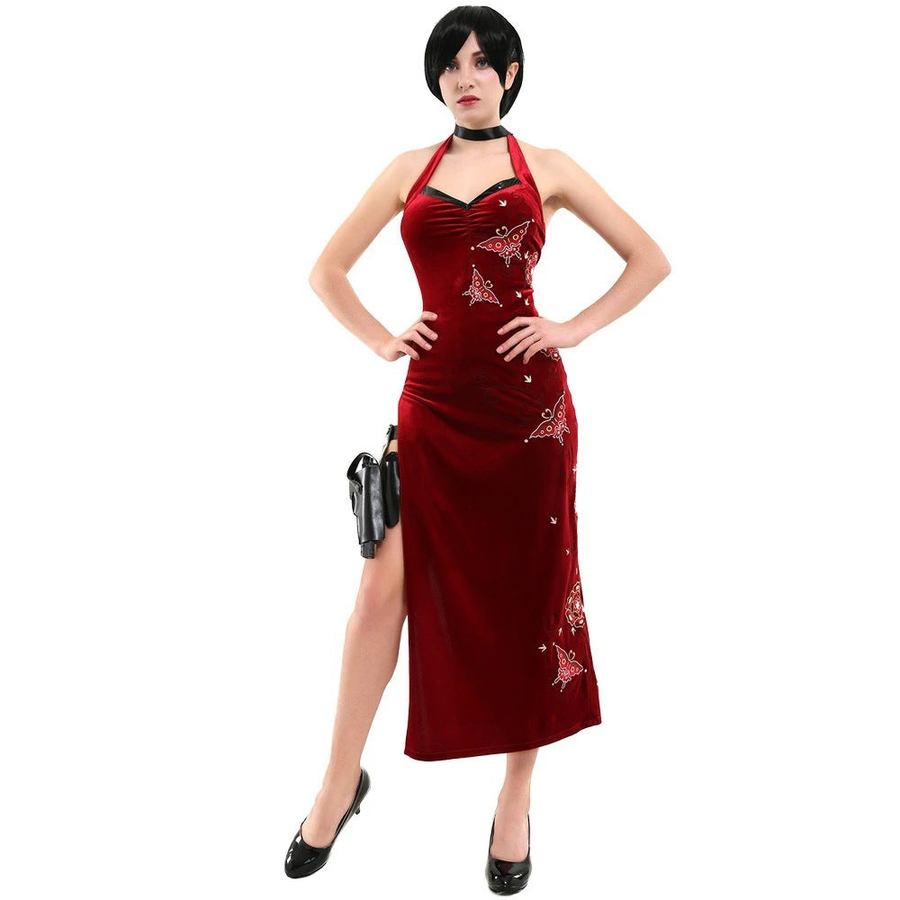 Mystery Agent Tactical Costume The Spy in Red Dress with Faux Leather Body Harness and Holster for Roleplay Events
