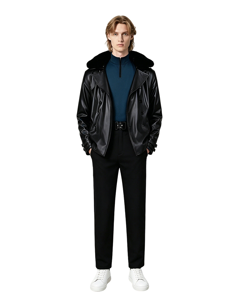 Survival Horror Agent Tactical Outfit Black Leather Coat with Fur Collar Blue Inner Shirt and Pants for Cosplay