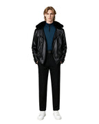 Survival Horror Agent Tactical Outfit Black Leather Coat with Fur Collar Blue Inner Shirt and Pants for Cosplay