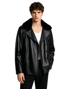 Survival Horror Agent Tactical Outfit Black Leather Coat with Fur Collar Blue Inner Shirt and Pants for Cosplay
