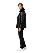 Survival Horror Agent Tactical Outfit Black Leather Coat with Fur Collar Blue Inner Shirt and Pants for Cosplay