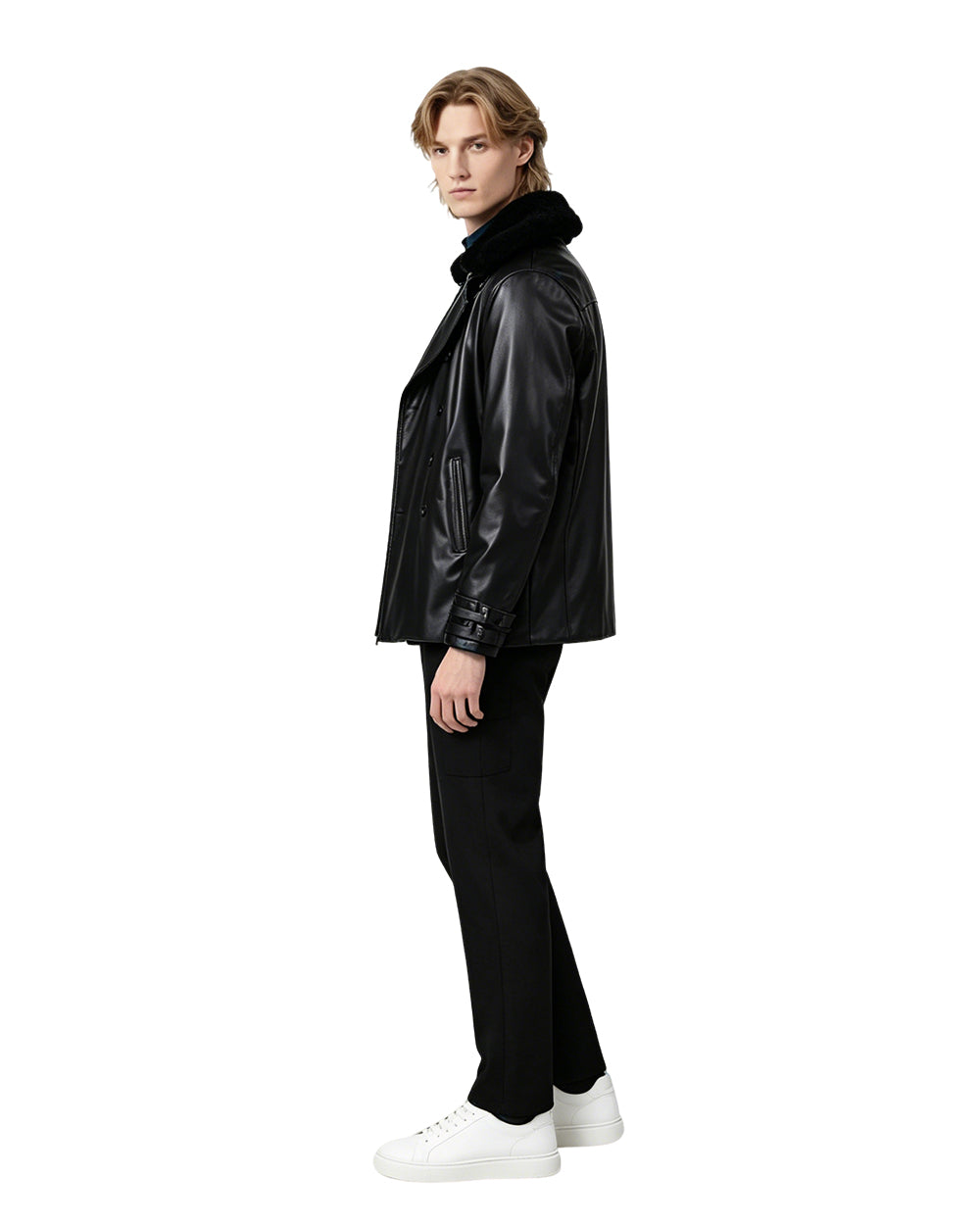 Survival Horror Agent Tactical Outfit Black Leather Coat with Fur Collar Blue Inner Shirt and Pants for Cosplay