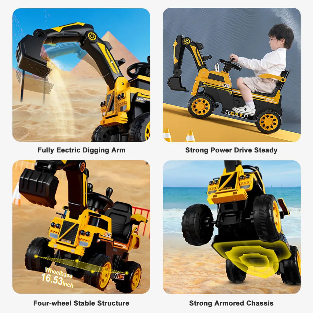 6V Toddler Excavator Electric Digging Arm Ride on Car with Large Wagon and Remote