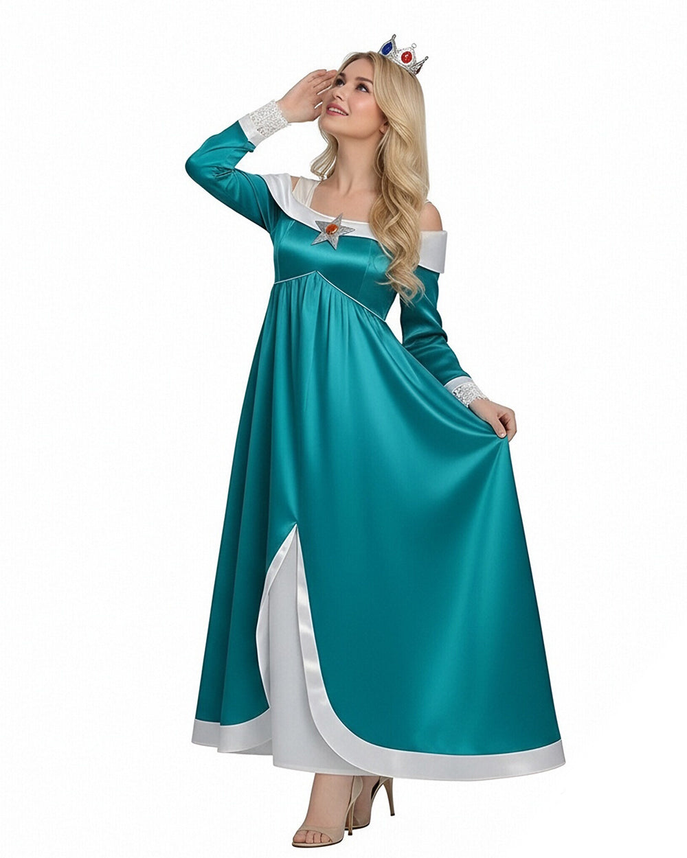 Rosalina Costume The Galactic Princess Turquoise Off-should Dress with Crown Star Wand Set