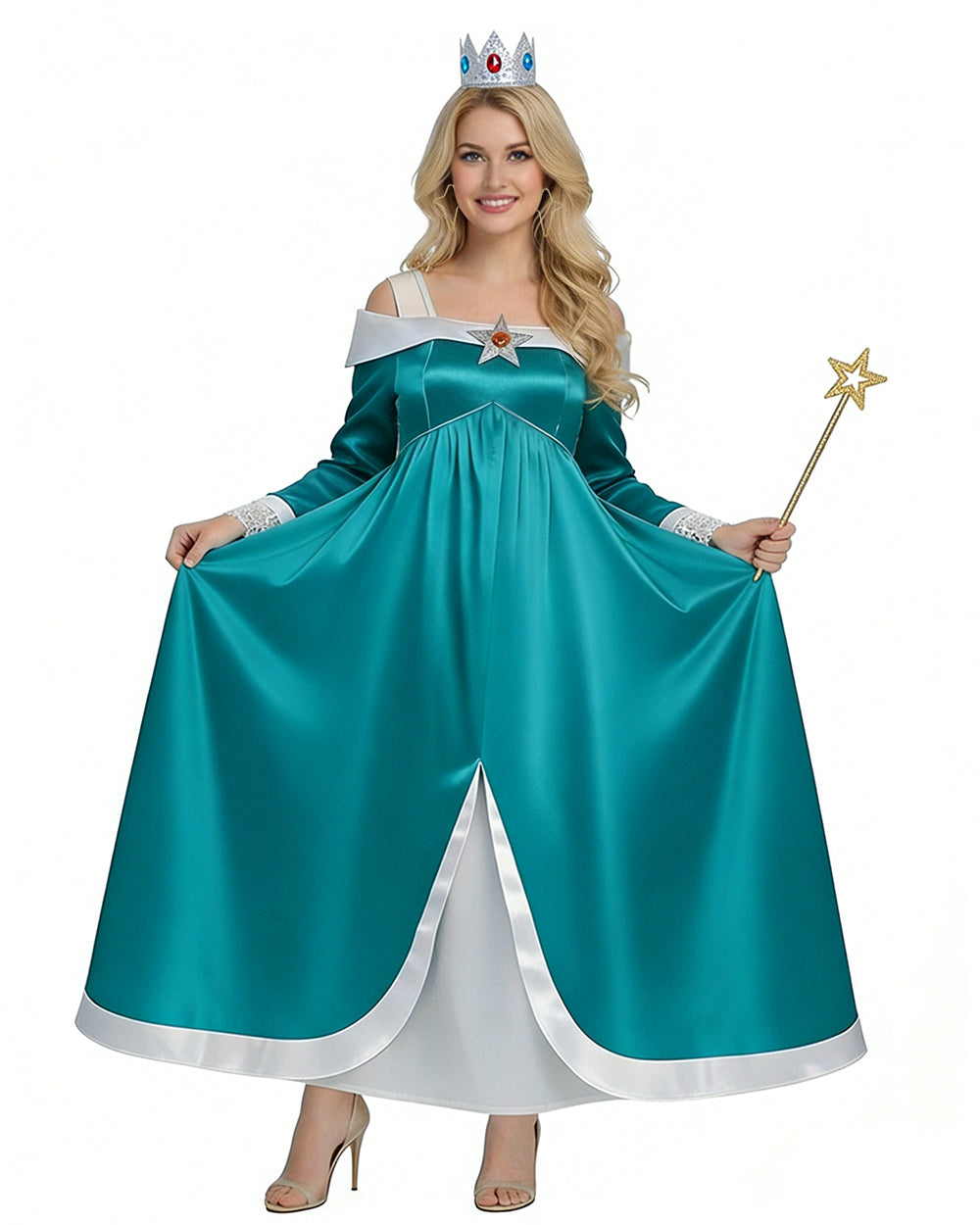 Rosalina Costume The Galactic Princess Turquoise Off-should Dress with Crown Star Wand Set