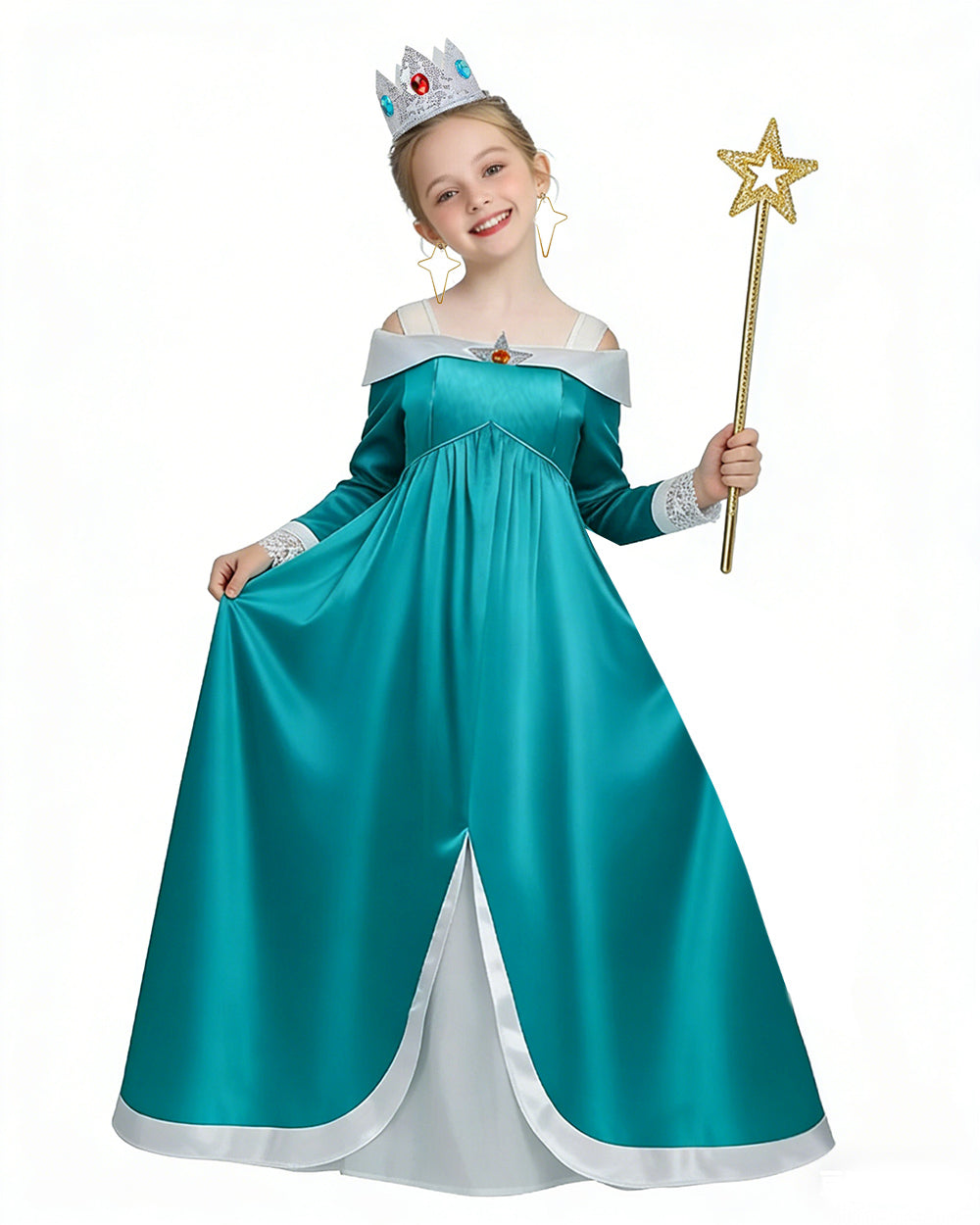 Rosalina Costume The Galactic Princess Turquoise Off-should Dress with Crown Star Wand Set